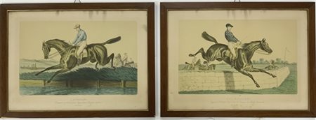 Lotto di due litografie francesi a colori (cm 49x68) raffiguranti corse di cava