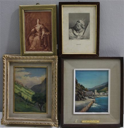 Lotto composto da tre dipinti ad olio e due incisioni di diversa epoca e sogget