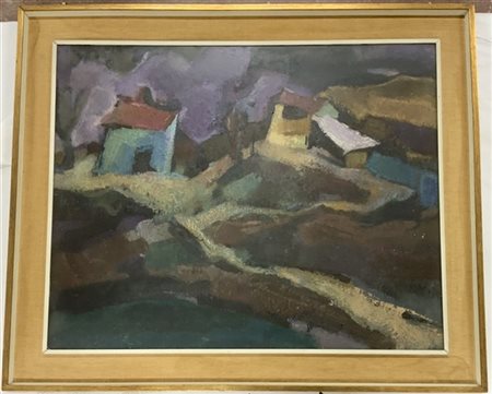 Mario Venzo (Attribuito) "Paesaggio con case" dipinto ad olio (cm 81x101) In cor