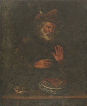 Ignoto "Figura di anziano con braciere" olio su tela (cm 112x93) (difetti e res