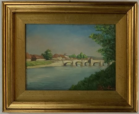 Firma indecifrata "Il ponte di Pisek" olio su cartoncino (cm 18x24) Firmato e d