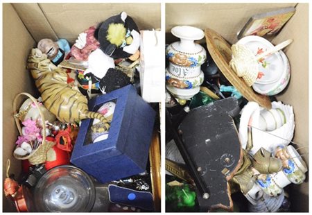 Lotto composto da due cartoni contenenti oggetti di diverso uso e materiale (di