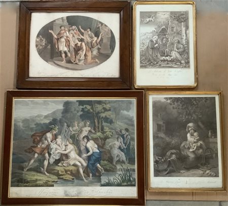 Lotto composto da quattro incisioni di cui due acquerellate, in cornici (difett
