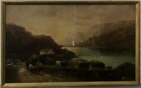 Firma indecifrata "Paesaggio lacustre con figura e armenti" olio su tela (cm 75