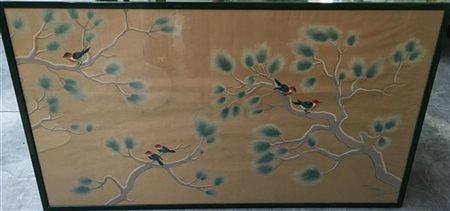 Ignoto "Rami con volatili" tempera su carta (cm 80x142) In cornice (difetti)