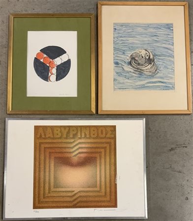 Lotto composto da tre litografie moderne di autori e soggetti diversi, in corni