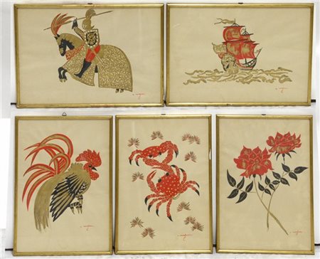 Firma indecifrata lotto composto da cinque tecnice miste su carta di soggetti di