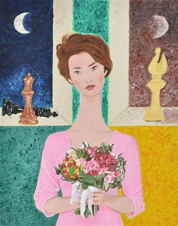 Francesco Fasano DONNA CON BOUQUET olio su faesite, cm 40x30 sul retro:...