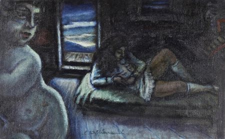 Enrico Allimandi BIMBA IN POSA olio su tela, cm 38x61 sul fronte: firma...