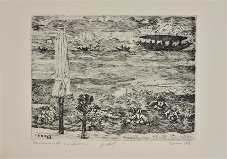 Tono Zancanaro TRAMONTO SICILIANO incisione su carta, foglio cm 36x50,...