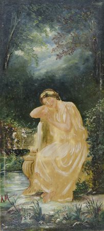 Augusto Moriani (?) "Donna in riposo" cm. 48x23 - olio su tavola Firmato b. a s.