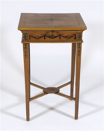 Tavolino rettangolare in legno chiaro con cassetto, decorato con pitture...