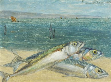 Giacomo Covacci Trieste 1882-1954 "Pesci nel paesaggio" cm. 28x38 - olio su...