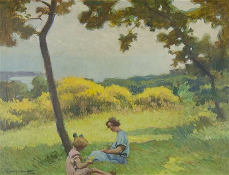 Giovanni Zangrando Trieste 1867-1941 "Ragazze nel prato" cm. 50x65 - olio su...