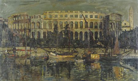 Pittore primi '900 "L'Arena di Pola dal mare" cm. 90x150 - olio su tela...