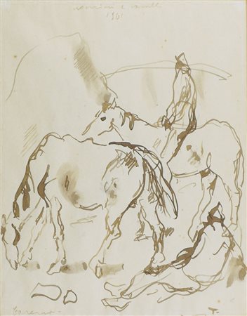 Felice Carena 1879-1966 "Uomini e cavalli" cm. 28x21 - disegno su carta...