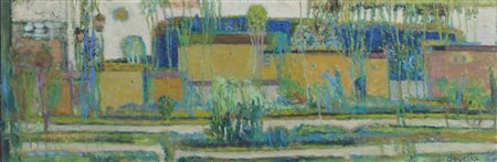 Edoardo Devetta Trieste 1912-1993 "Paesaggio con salici" cm. 32x96 - olio su...