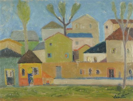 Edoardo Devetta Trieste 1912-1993 "Case colorate" cm. 32x42 - olio su cartone...