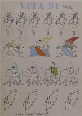 Emilio Tadini VITA DI VOLTAIRE tecnica mista su carta, cm 50x35 firma, data e...