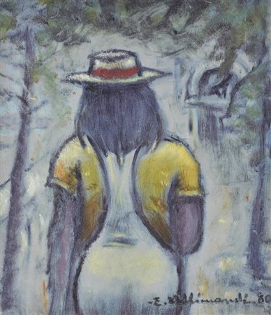 Enrico Allimandi RAGAZZA DI SPALLE olio su cartone telato, cm 35x30 sul...