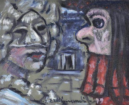 Enrico Allimandi MASCHERE olio su cartone telato, cm 25x30 sul fronte: firma...