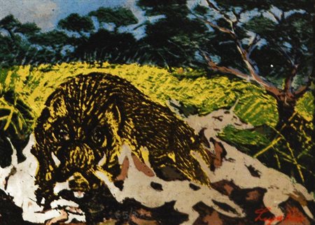 Antonio Ligabue LA PREDA serigrafia su lamina, cm 11x14 esemplare 65/333