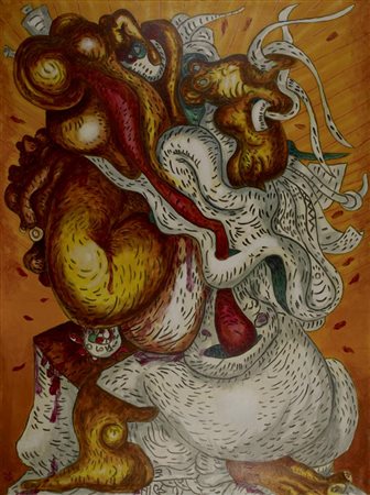 Arturo Carmassi IL VITELLO D'ORO E LE SUE CONSEGUENZE olio su tela, cm 130x98...