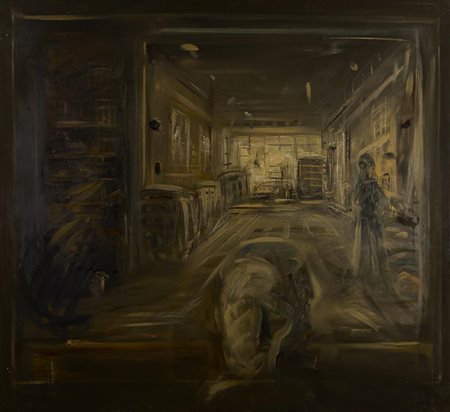 Giancarlo Ossola INTERNO CON FIGURE olio su tela, cm 110x120 sul retro:...