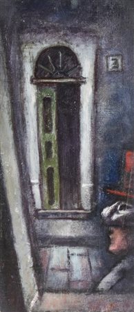 Enrico Allimandi SERENATA A CARNEVALE olio su cartone telato, cm 46x21 sul...