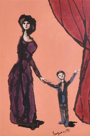 Adolfo Saporetti MADRE E FIGLIO olio su tela, cm 30x20 firma