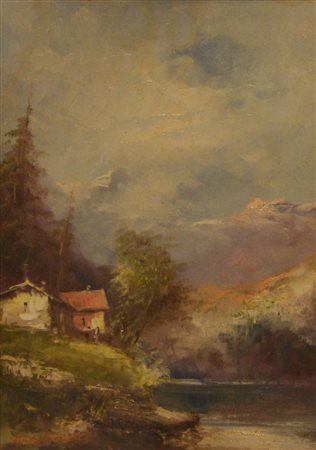 Athos Renzo Brioschi CASE AL LAGO olio su cartone telato, cm 30x20 circa firma