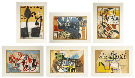 MIMMO ROTELLA Cartella composta da n.6 fogli. Dalla serie I Maestri del 900: Primo Futurismo, L'angelo cattivo, Mirò in nero, Il giornale di Picasso, Morandiana, Modigliani.