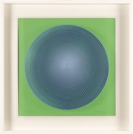 ALBERTO BIASI Progetto S2, dinamica visiva in azzurro e nero su verde sfumato bianco.