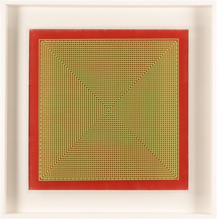 ALBERTO BIASI Progetto S1, dinamica visiva in verde su fondo rosso.