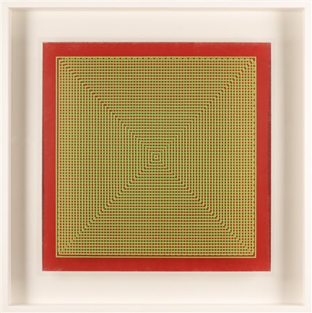 ALBERTO BIASI Progetto S1, dinamica visiva in verde su fondo rosso.