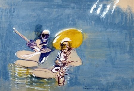 CAZZANIGA GIANCARLO (Monza 1930) "Suonatori" Tempera su cartoncino cm. H:...