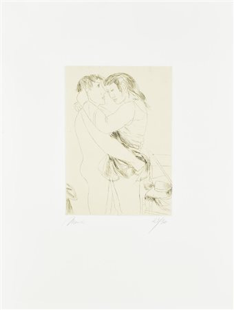 Giacomo Manzω AMANTI acquaforte su carta, battuta cm 28,5x20, su foglio cm...