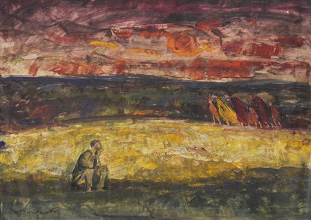 Trento Longaretti ESODO tempera e gouache su cartone applicato su tela, cm...