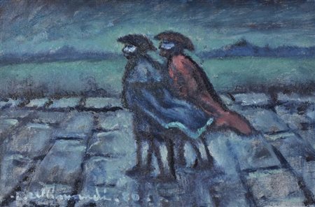 Enrico Allimandi MASCHERE olio su cartone telato, cm 30x45 sul fronte: firma...