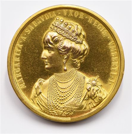 MEDAGLIA IN BRONZO DORATO RAFFIGURANTE LA REGINA MARGHERITA, 1897 diam mm 50