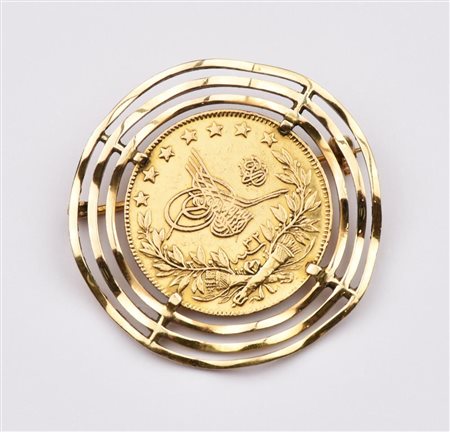 SPILLA IN ORO GIALLO 18 K CON MONETA TURCA DA 100 PIASTRE STANDARD diam...