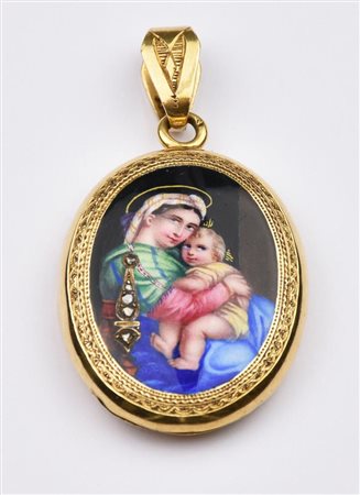 CIONDOLO IN ORO GIALLO 18 K CON MINIATURA RAFFIGURANTE LA VERGINE COL BAMBINO...