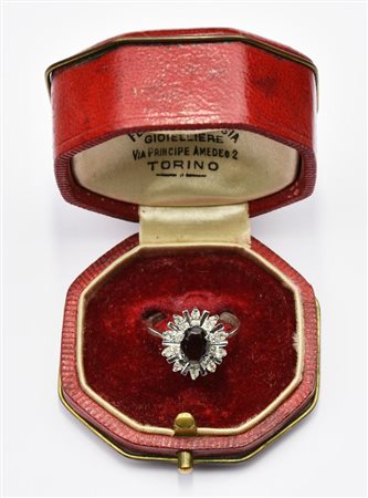 ANTICO ANELLO IN ARGENTO 835 CON RUBINO E BRILLANTI entro astuccio originale...