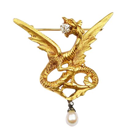 SPILLA IN ORO GIALLO 18 K A FORMA DI DRAGO CON DIAMANTE TAGLIO BRILLANTE E...