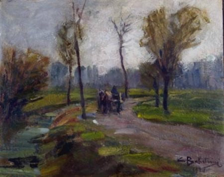 BALESTRINI CARLO "Carro nel bosco" 1921 Olio su tavola cm. H: 25.00 L: 31.00...