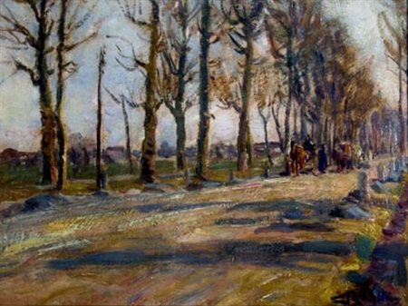 BALESTRINI CARLO "Bosco con carrozze" Olio su cartone cm. H: 32.00 L: 31.00...