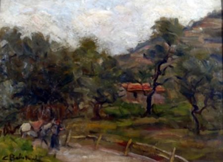 BALESTRINI CARLO "Paesaggio con cavallo" Olio su cartone cm. H: 23.50 L:...