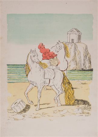 GIORGIO DE CHIRICO (Volo 1888 - Roma 1978). “Cavalli”. Litografia a colori su...