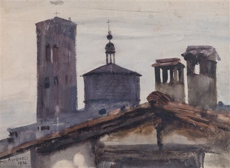 FARPI VIGNOLI (Bologna 1907 - 1997). “Tetti di Bologna”, 1934. Acquerello su...