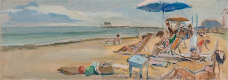 UMBERTO SGARZI (Bologna 1921 - 2017). “Spiaggia”, 1965. Olio su tavola. Cm...